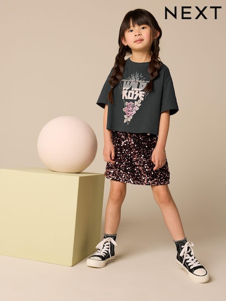 Charcoal Grey Embellished T-Shirt And Sequin Skirt Set (3-16yrs) (B17627) | AED85 - AED106