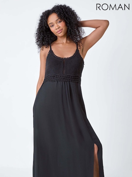 Roman Black Crochet Bodice Cotton Maxi Dress (B17732) | R$ 545