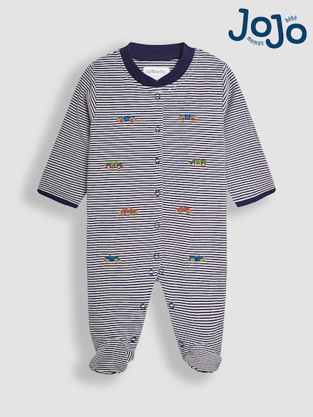 JoJo Maman Bébé Navy Car Embroidered Cotton Baby Sleepsuit (B17904) | €35