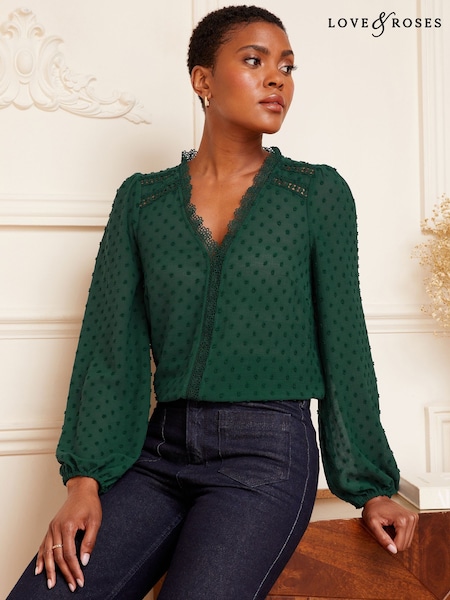 Love & Roses Green Petite V Neck Lace Trim Dobby Blouse (B17974) | €27