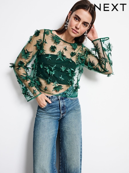 Green 3D Floral Long Sleeve Mesh Top (B20004) | €35