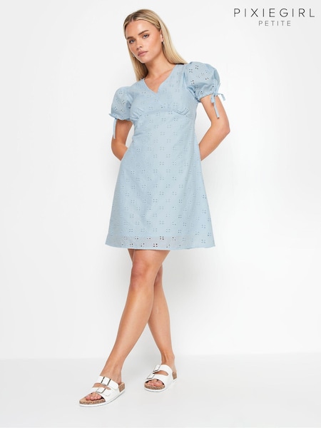 PixieGirl Petite Blue 100% Cotton Tie Front Broderie Dress (B20057) | €27