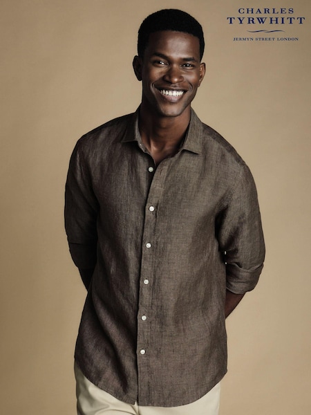 Charles Tyrwhitt Brown Slim Fit Plain Short Sleeve Pure 100% Linen Shirt (B20100) | €107