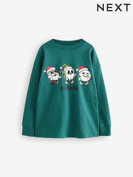 Green Back Print 100% Cotton Long Sleeve Christmas T-Shirt (3-16yrs) (B20229) | €7 - €10
