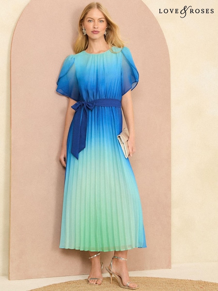 Love & Roses Blue Ombre Petal Sleeve Pleated Belted Midi Dress (B20247) | 193 QAR
