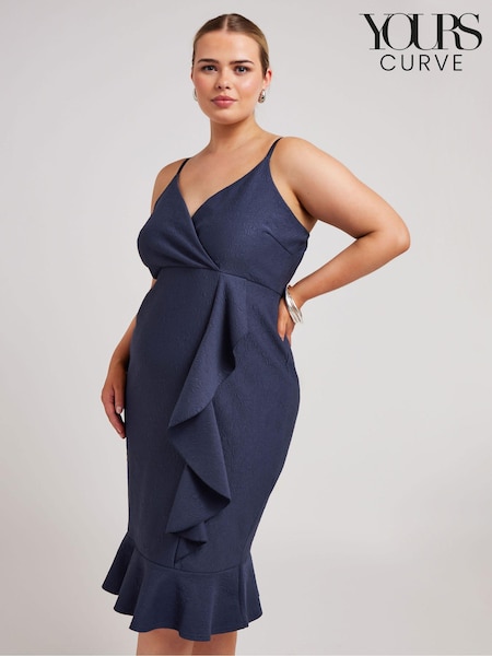Yours Curve Navy Blue LONDON Ruffle Jacquard Dress (B20328) | 123 QAR