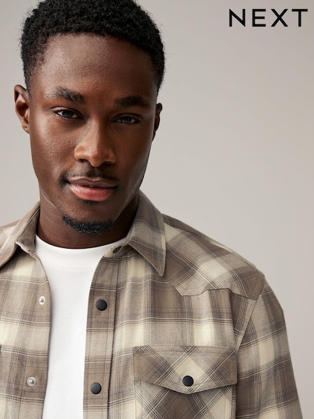 Stone Natural Short Sleeve Check Twin Pocket Western 100% Cotton Shirt (B20403) | €34