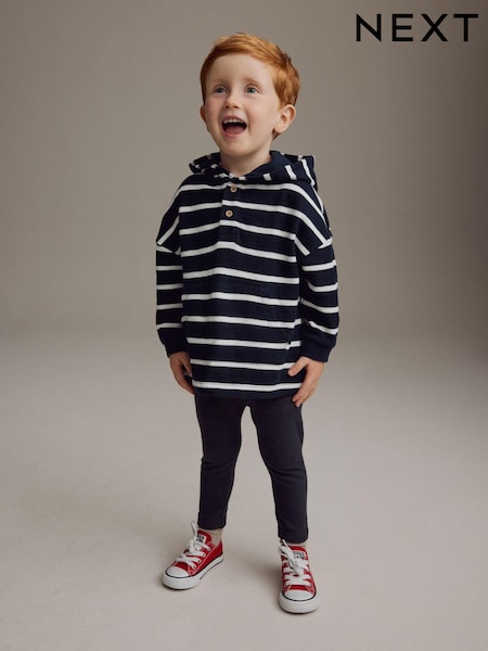 Navy/White Stripe Long Sleeve 100% Cotton Hoodie and Leggings Set (3mths-7yrs) (B20428) | €14 - €18