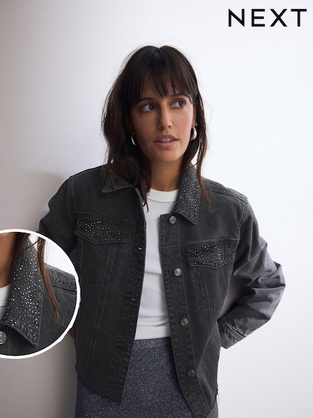 Black Diamanté 100% Cotton Denim Jacket (B20439) | AED126