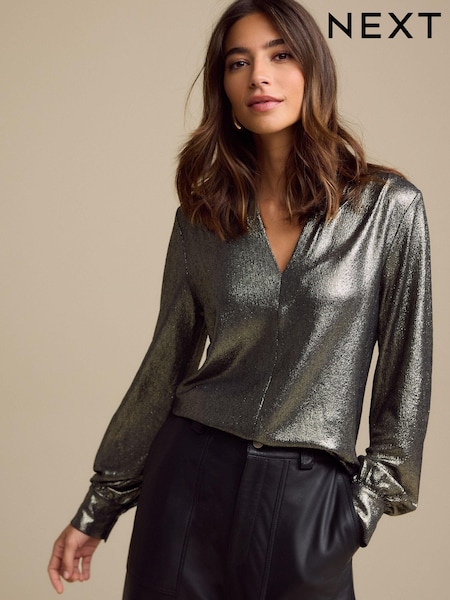 Gold Long Sleeve Shimmer V-Neck Blouse (B20459) | €20