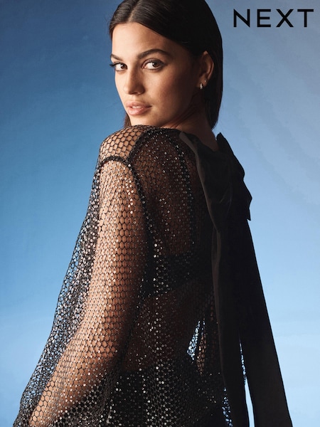 Black Sequin Mesh Bow Back Blouse (B20646) | €29