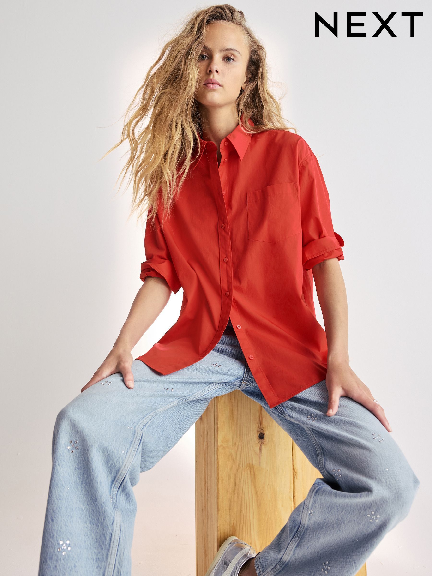 Red denim shirt womens outlet