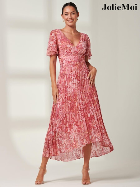 Jolie Moi Pink Floral Olenna Angel Sleeve Pleated Chiffon Maxi Dress (B20876) | €50