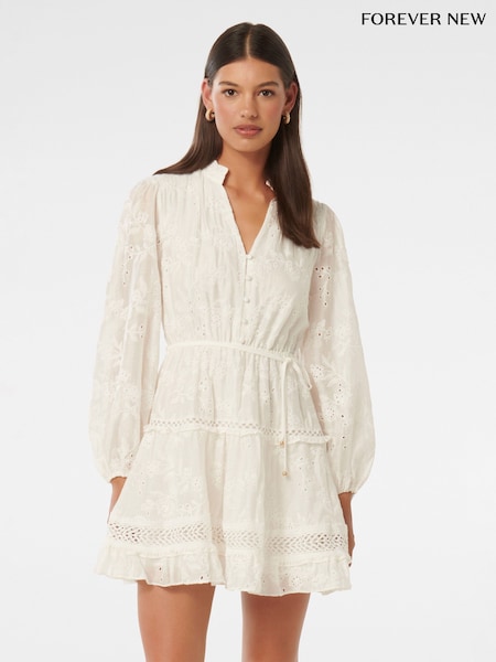 Forever New White Ivana Trim Detail Mini Dress With A Touch of Linen (B20932) | €45