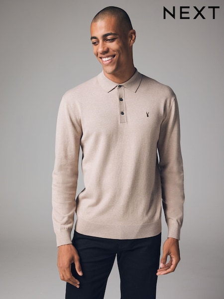 Neutral Stag Logo Regular Fit Knitted Long Sleeve Polo Shirt (B20937) | €16
