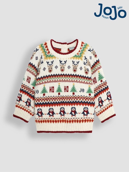 JoJo Maman Bébé Ecru Knitted Christmas Festive Friends Fair Isle Jumper (B20977) | €50