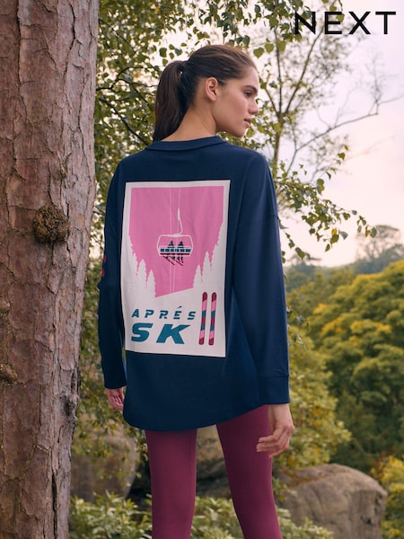 Navy Blue Long Sleeve Heavyweight 100% Cotton T-Shirt with Apres Ski Graphic (B21233) | €13.50