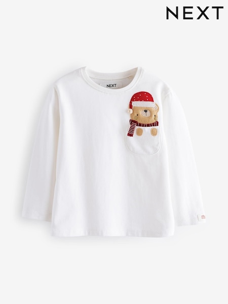 Ecru Christmas Bear 100% Cotton Long Sleeve T-Shirt (3mths-7yrs) (B21267) | €6 - €8