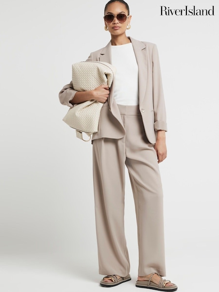 River Island Beige Wide Leg Pleated Tailored Trousers (B21342) | €25