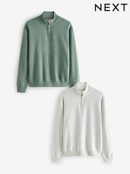 Sage Green/Oatmeal Regular Fit 100% Cotton Premium Quarter Zip Jumpers 2 Pack (B21407) | €83