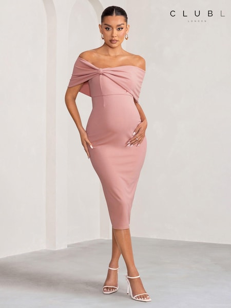 Club L London Pink Maternity Alyssa Bardot Bow Midi Dress with Ruching (B21426) | €41.50