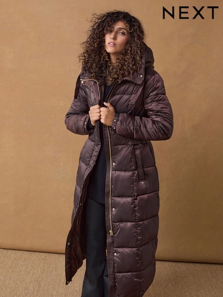 Burgundy Red Longline Waisted Shower Resistant Hooded Padded Coat (B21430) | AED287