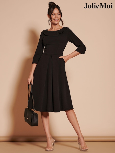Musta - Jolie Moi 3/4 Sleeve Fold Neck Midi Dress (B21610) | €123