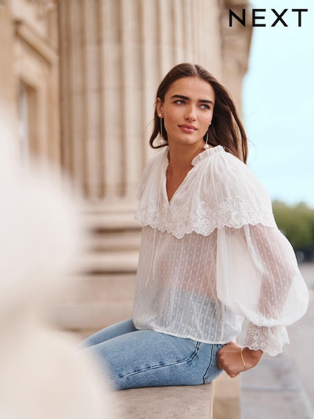 Ivory Sheer Cape Tie Neck Embroidered Blouse (B21761) | €12
