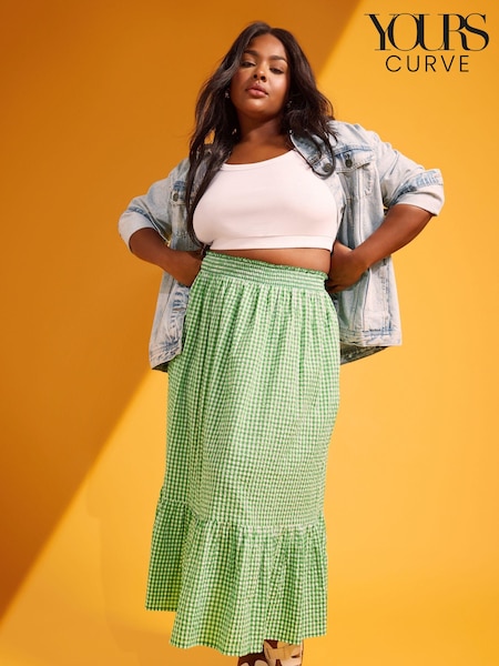 Yours Curve Gingham Tiered Pure 100% Cotton Midi Skirt (B21774) | ‏156‏₪