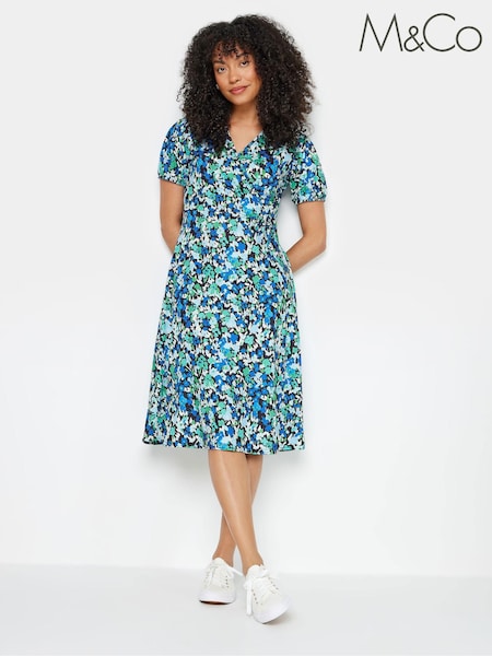 M&Co Blue Ditsy Floral Print Midi Wrap Dress (B21799) | €49