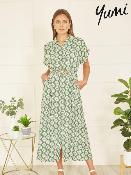 Yumi Green Viscose Midi Shirt Dress With Matching Belt (B21818) | €84