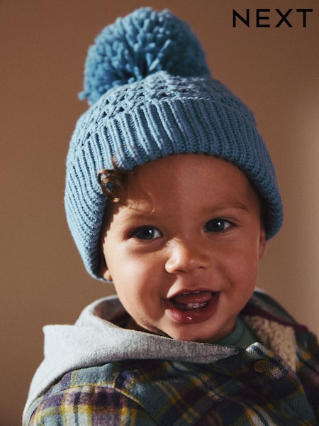Blue Baby Waffle Pom Hat (0mths-2yrs) (B21973) | AED6