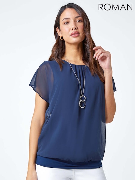Roman Navy Blue Chiffon Jersey Blouson Top with Necklace (B22017) | €40