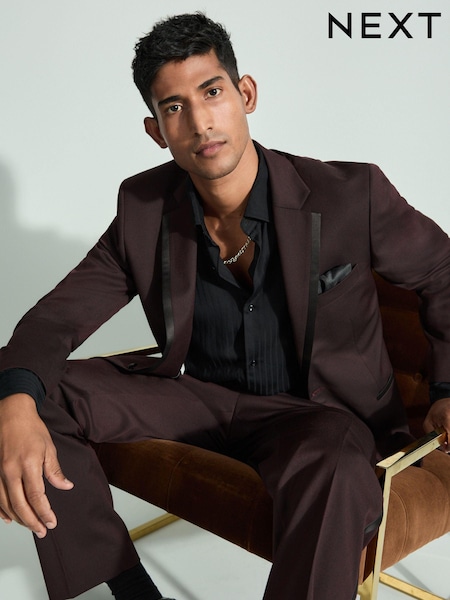 אדום בורגנדי - Tailored Fit Trimmed Satin Edge Tuxedo Suit Jacket (B22118) | ‏272‏₪