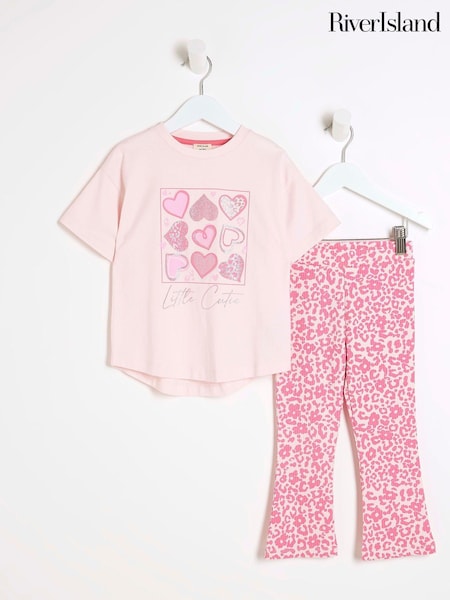 River Island Pink Girls Pink Heart Box 100% Cotton Top and Kickflare Set (B22189) | €19