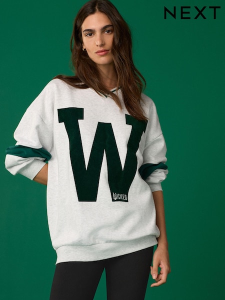 Grey Official Wicked Movie License Varsity Graphic Vee Neck Sweatshirt (B22194) | AED88