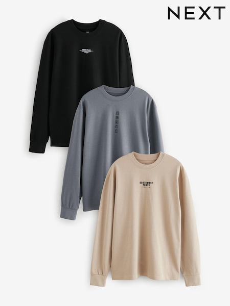 Black/Stone/Grey Long Sleeve Heavyweight Back Print Graphic 100% Cotton T-Shirts 3 Pack (B22398) | R$ 575