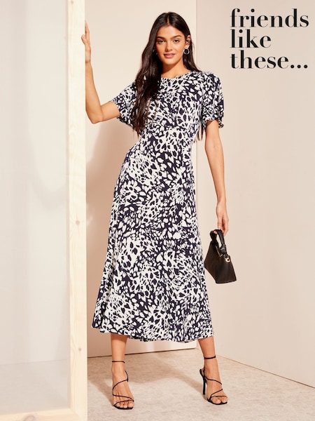 Friends Like These Navy Blue Animal Petite ITY Flutter Short Sleeve Midi Dress (B22465) | €27