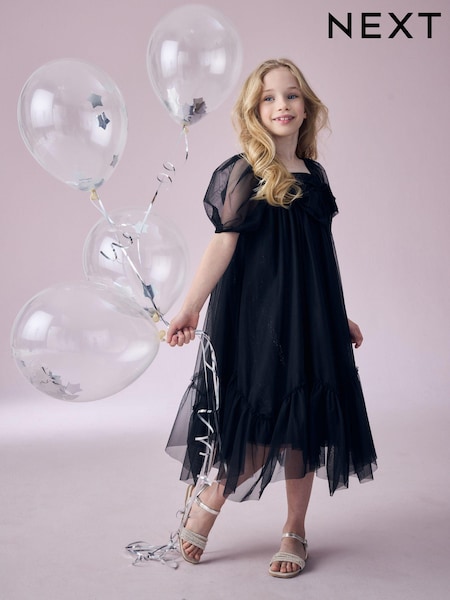 Black Bow Detail Sparkle Mesh Dress (3-16yrs) (B22678) | AED88 - AED109
