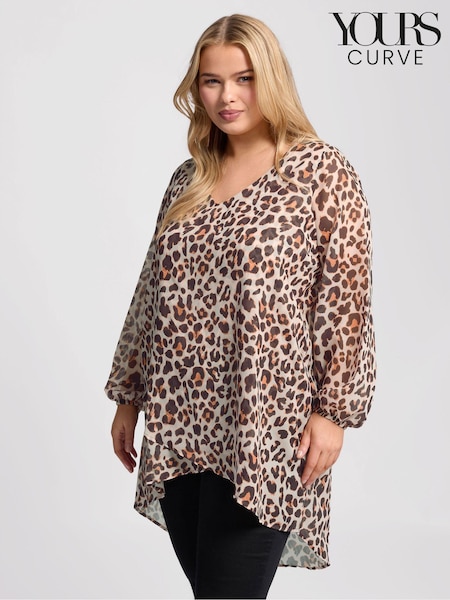 Natural - Bluză mărimi mari cu imprimeu leopard și înfășurare în față Yours Curve (B22716) | 268 LEI