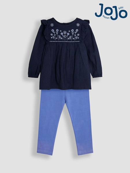 JoJo Maman Bébé Navy Blue Houndstooth Floral Embroidered Frill Blouse and Leggings Set 2 Piece (B22772) | €45