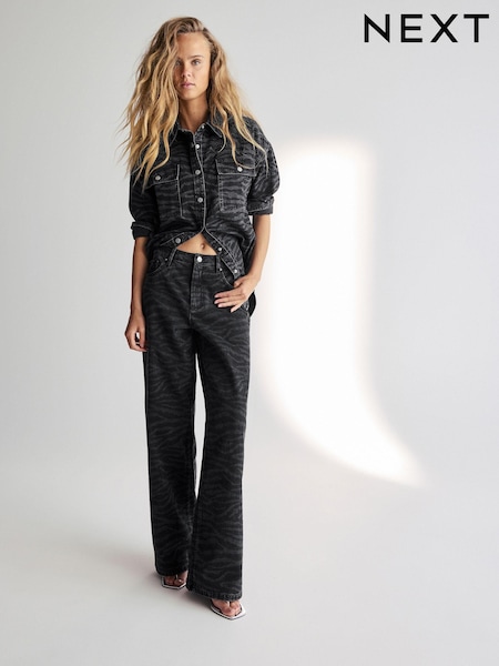 Verwaschenes Schwarz - Zebra Print Wide Leg 100% Cotton Jeans (B22776) | 28 €