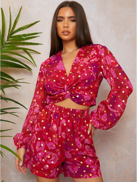 Chi Chi London Red Twist Front Abstract Foil Spot Print Shirt (B22937) | €26