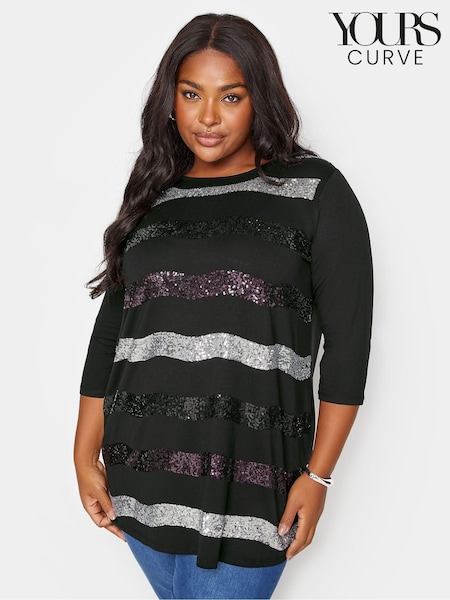Yours Curve Black Sequin Embellished Stripe Top (B22938) | AED84