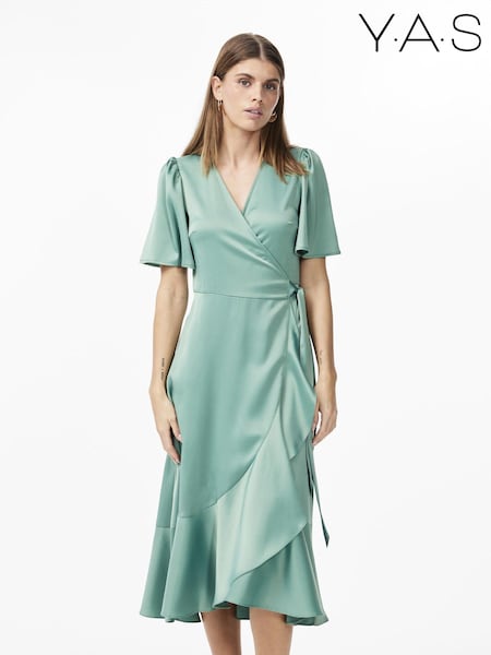 Y.A.S Green Satin Wrap Ruffle Dress (B22952) | €24