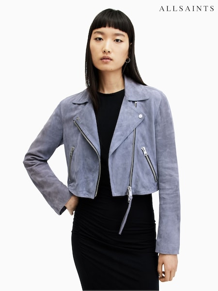 AllSaints Blue Suede Dalby Crop Biker Jacket (B22984) | €423