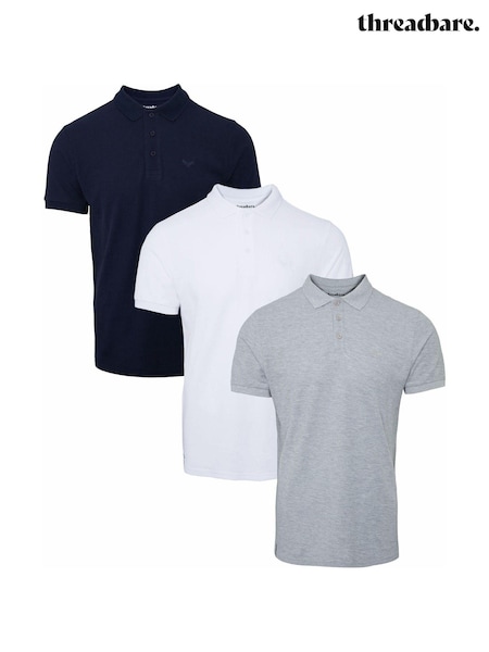 Threadbare Navy/Grey/White Slate Cotton Pique Polo Shirts 3 Pack (B23027) | R$ 525