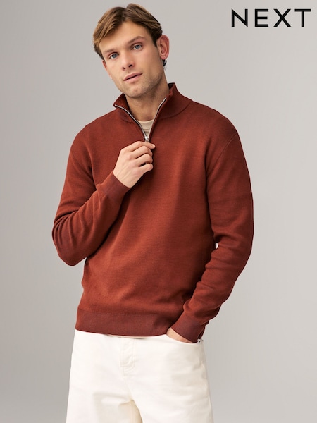 Rust Brown Plain Regular Fit 100% Cotton Premium Quarter Zip Jumper (B23093) | $60