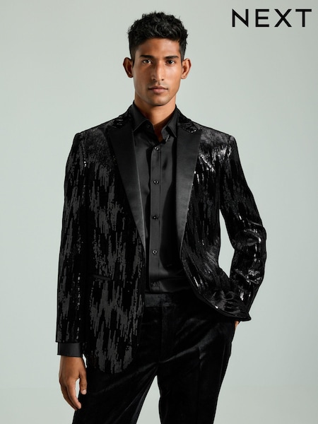 Black Slim Fit Sequin Blazer (B23160) | 343 QAR