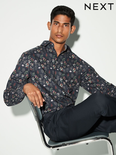 Albastru bleumarin cu model floral - Print Regular Fit 100% Cotton Single Cuff Formal Shirt (B23261) | 179 LEI